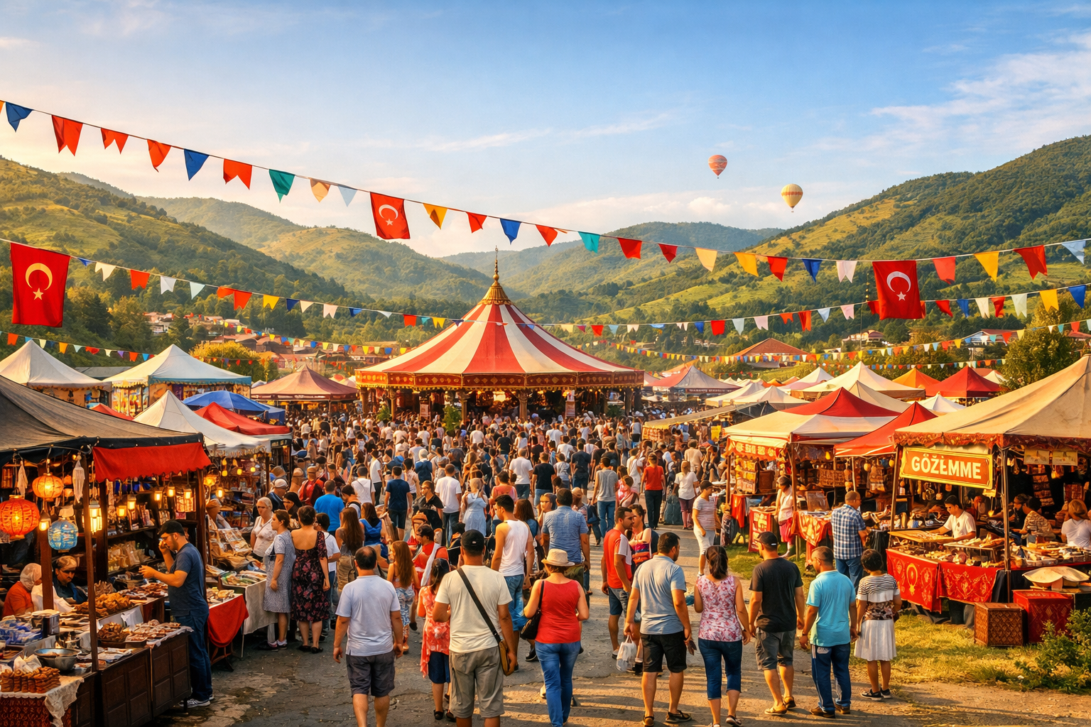 Turkiye'de bir acik hava festival alani ve katilimcilar